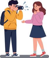A young man with a camera capturing a moment of a smiling woman in a casual setting, flat illustration vector