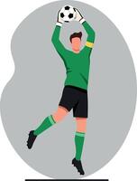 Goalkeeper in green uniform performing an impressive save with a soccer ball in a dynamic, flat illustration vector
