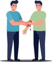 Two men assisting each other with a minor injury in a flat style illustration displaying care and support in a friendly atmosphere vector