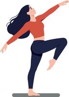 Dynamic woman in red top and blue pants performing a joyful dance pose in a flat, minimal style illustration vector