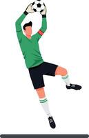 Goalkeeper in green uniform making a dynamic save in a flat illustration depicting athleticism and focus during a soccer match art vector