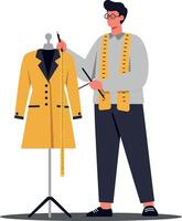 Tailor measuring a yellow coat on a mannequin using a measuring tape in a flat design illustration vector