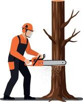 A worker in safety gear using a chainsaw to cut down a tree in a flat illustration showcasing forestry activity and environmental awareness in a minimal design style art vector