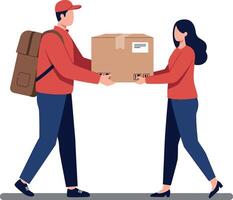 Delivery person in red uniform handing a package to a smiling woman in casual attire, illustrated in a flat art style vector