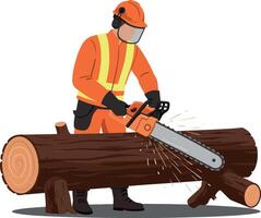 A lumberjack in an orange safety suit cutting a log with a chainsaw in a minimal and detailed illustration vector