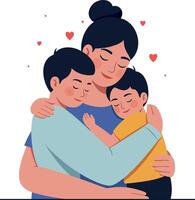 A loving mother embracing her two children in a warm, joyful scene featuring flat art with hearts in the background symbolizing affection and family connection illustration vector