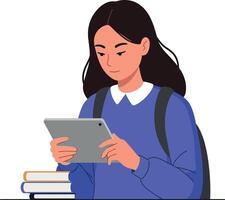 A student engaging with a tablet while sitting beside stacked books in a cozy, minimal design illustration vector