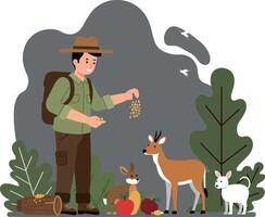A man feeding animals in a forest setting with detailed flat design elements in vibrant colors, showcasing natures harmony in art vector