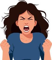 Woman expressing intense frustration with raised fists and open mouth in a detailed flat design illustration vector