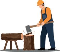 A man in an orange shirt and yellow hard hat chopping wood with an axe in a flat illustration style showcasing hard work and determination in a forest setting art vector
