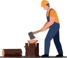 A worker in a yellow hard hat chopping wood with an axe in a minimal illustration, showcasing the skill and determination of lumberjack activities in a serene setting art vector
