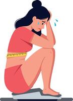 A woman sitting on a bathroom scale with a measuring tape, expressing sadness and frustration, in a minimal and colorful illustration vector