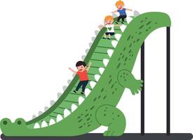Colorful crocodile slide with three children joyfully playing, minimal design style, cheerful atmosphere, illustration vector