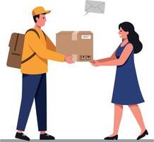 Delivery person handing a package to a smiling woman in a flat and minimal illustration showcasing a friendly interaction in an urban setting vector
