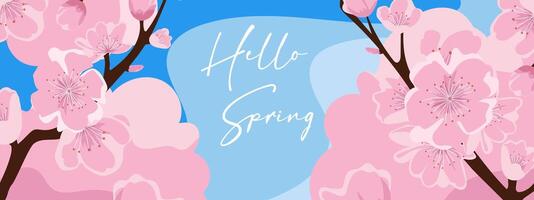 Hello spring banner with sakura on a blue background. Modern spring minimalistic design for poster, advertising on social networks, covers. vector
