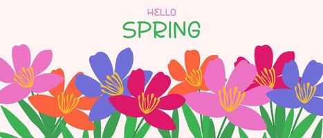 Hello Spring. Hand drawn bright flowers on delicate background, spring banner. vector