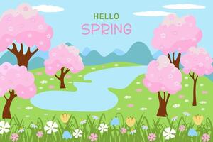 Spring landscape with blooming sakura and river. Spring field. vector