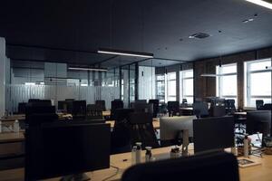 Modern business, glass-walled startup office, open and spacious workspace exudes a modern and innovative vibe, fostering a dynamic atmosphere that supports creativity, collaboration, and business photo