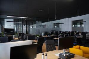 Modern business, glass-walled startup office, open and spacious workspace exudes a modern and innovative vibe, fostering a dynamic atmosphere that supports creativity, collaboration, and business photo