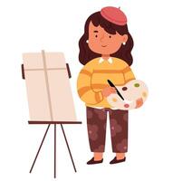 A girl artist in a beret stands in front of an easel with a palette in her hands. vector