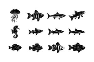 Mixed with fish and see creature silhouette set vector