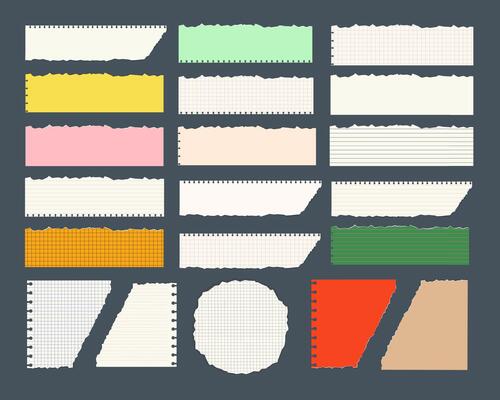 A collection of torn paper pieces with different colors, shapes and sizes. Modern grunge collage for contemporary art style. Brutalism abstract shapes.