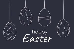 Happy Easter Chalkboard outline patterned hanging Eggs. Hand drawn Chalk Contour on dark background. Doodle card. Holiday element tied with Rope. Circle, stripe, wave. Spring. illustration vector