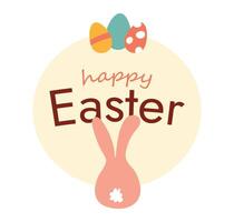 Happy Easter, Eggs and Bunny. Greeting card, children poster. Round cute Rabbit sits with its back, colored holiday elements. Text in round area. Isolate decor. Spring April event. illustration vector
