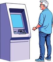 An atm machine with a man standing next to it vector