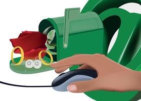 Hand using mouse receiving online marriage proposal with rings, pearls, and rose in email inbox vector