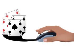 Hand using mouse playing online poker with four aces vector