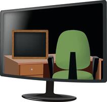 A computer monitor with a green chair and a blackboard vector