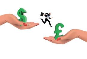 Businessman running from dollar to pound currency exchange vector