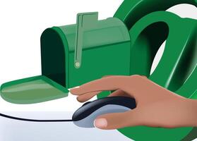 Hand using mouse with green mailbox and at symbol receiving email vector