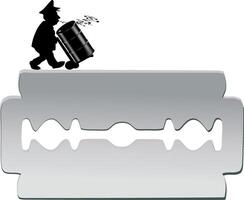 Smuggler pushing barrel with contraband on razor blade edge vector