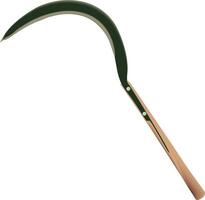 A green and brown scythe with a wooden handle vector