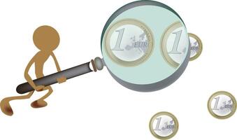 Stick figure examining one euro coins with magnifying glass vector
