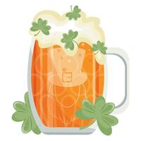 round glass icon with leprechaun face print with wheat beer and shamrock leaves, st patrick's day design vector