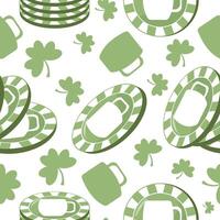 seamless pattern with various poker green chips with prints of round glasses and shamrocks and beer mugs arranged randomly for various holiday designs vector