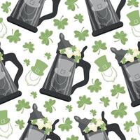 seamless pattern with metal circles with imprint of leprechaun face with wheat beer and shamrock leaves arranged randomly, design for st patrick's day vector