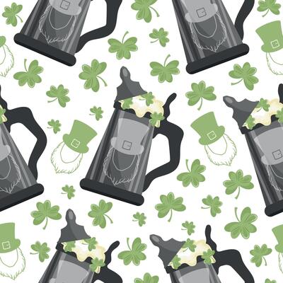 seamless pattern with metal circles with imprint of leprechaun face with wheat beer and shamrock leaves arranged randomly, design for st patrick's day