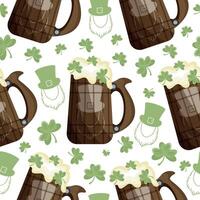 seamless pattern with wooden mugs with leprechaun face print with wheat beer and shamrock leaves arranged randomly, design for St. Patrick's Day vector