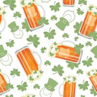 seamless pattern with rectangular glasses with leprechaun face print with wheat beer and shamrock leaves arranged randomly, design for st patrick's day vector
