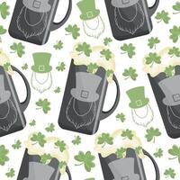 seamless pattern with metal rectangle circles with imprint of leprechaun face with wheat beer and shamrock leaves arranged randomly, design for st patrick's day vector