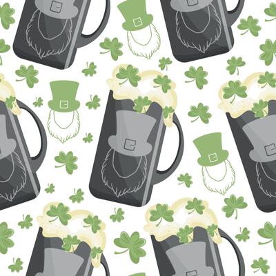 seamless pattern with metal rectangle circles with imprint of leprechaun face with wheat beer and shamrock leaves arranged randomly, design for st patrick's day