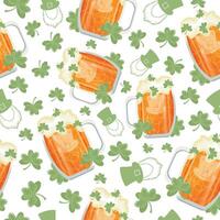 seamless pattern with round glasses with leprechaun face print with wheat beer and shamrock leaves arranged randomly, st patrick's day design vector
