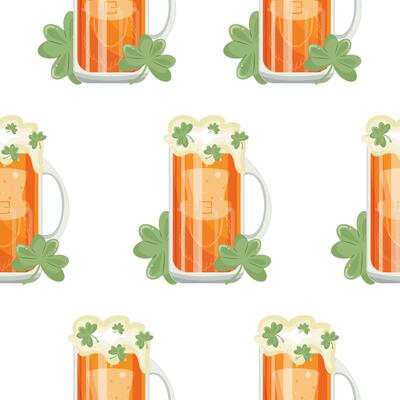 pattern of rectangular glasses with leprechaun face print with wheat beer and shamrocks, design for St. Patrick's Day