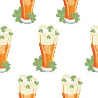 pattern with leprechaun face print long glasses with wheat beer and shamrocks, st patrick's day design vector
