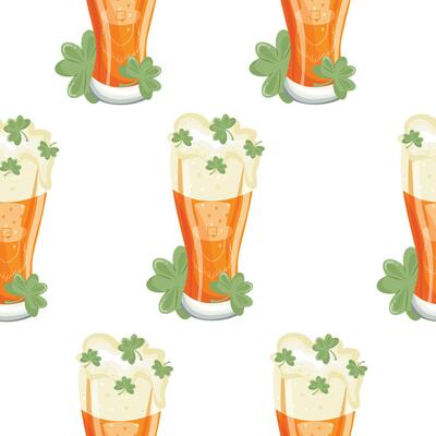 pattern with leprechaun face print long glasses with wheat beer and shamrocks, st patrick's day design