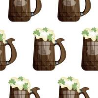 pattern with wooden mugs with leprechaun face print with wheat beer and shamrock leaves, st patrick's day design vector